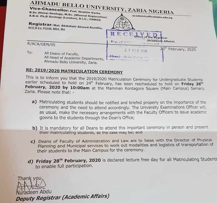 ABU 2019/2020 Matriculation Ceremony Rescheduled