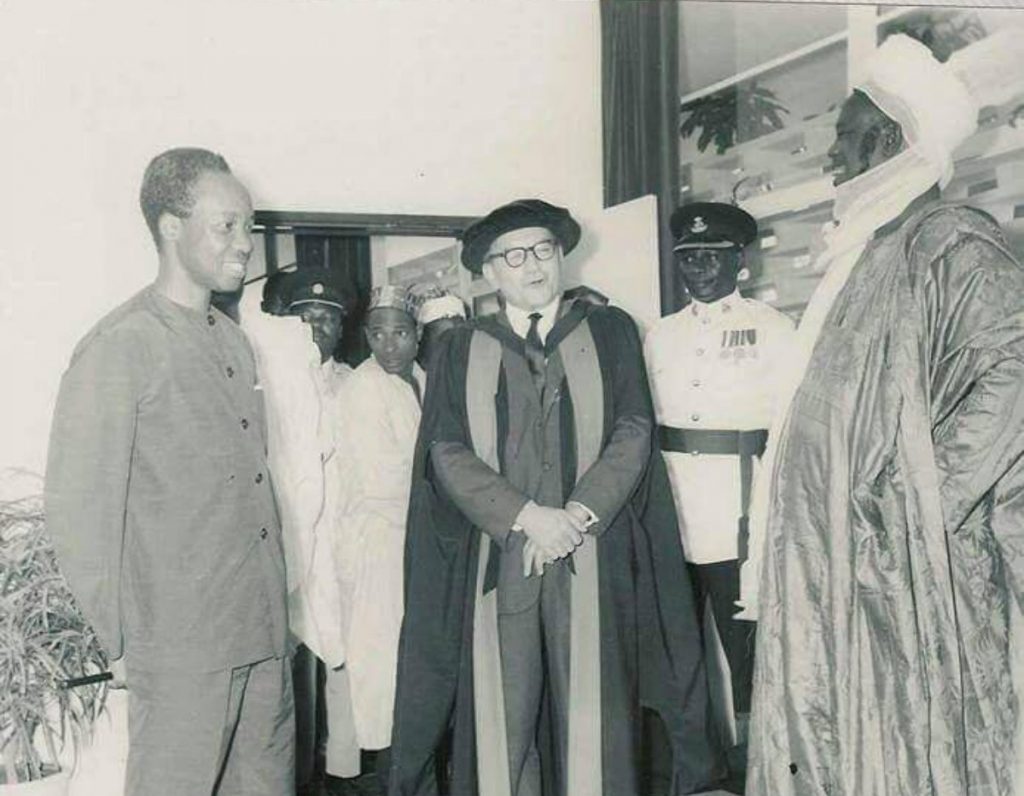 President Julius Nyerere of Tanzania (Left), first Vice Chancellor of Ahmadu Bello University, Professor Norman Alexander (middle), and Sir Ahmadu Bello, the Sardauna of Sokoto and Premier of Northern Nigeria, when the president visited the University in 1962