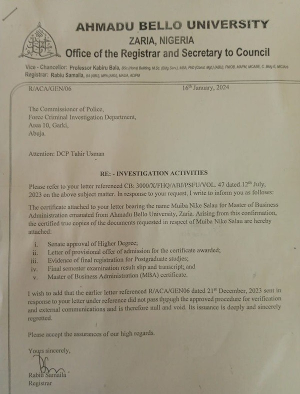 ABU Zaria Authenticates Dankaka’s MBA Certificate 2 ABU Zaria Authenticates Dankaka’s MBA Certificate